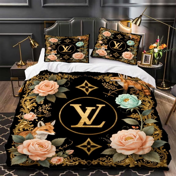 Luxurious 3-Piece Duvet Cover Set Black & Gold Floral Design with Roses & Fox Elegant Bedding for Bedrooms