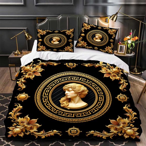 Luxurious 3-Piece Duvet Cover Set - Black & Gold with Ornate Classical Bust Motif Floral Patterns & Greek Key Borders