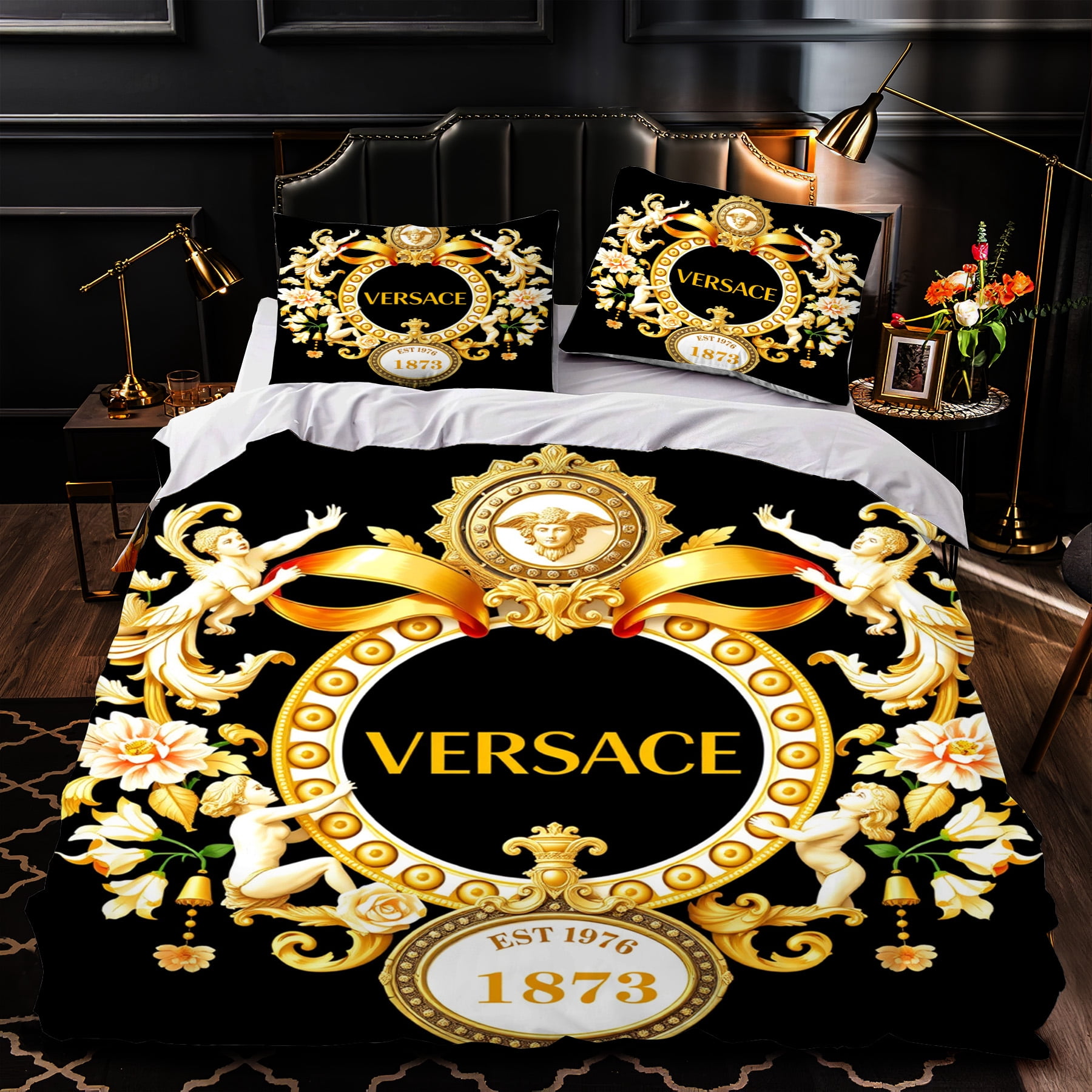 Luxurious 3-Piece Duvet Cover Set - Black and Gold Ornate Floral Design with Winged Motifs Elegant Bedroom Decor