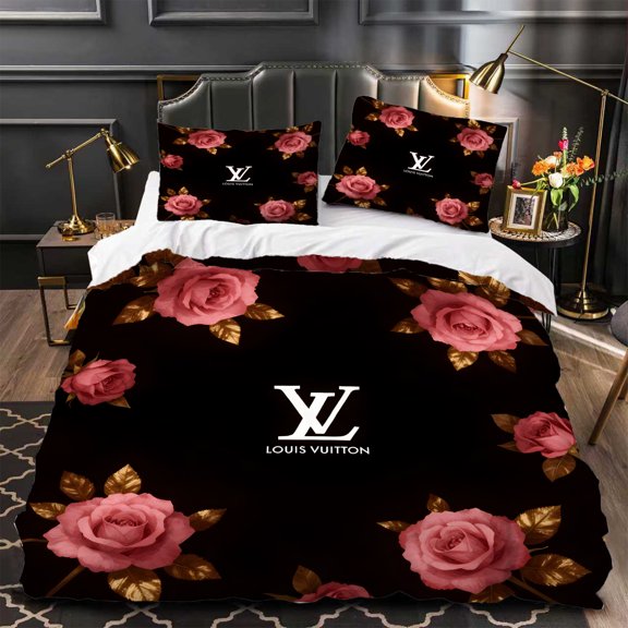 Luxurious 3-Piece Duvet Cover Set Black with Pink Roses & Gold Accents Stylish Modern Design for Elegant Bedrooms