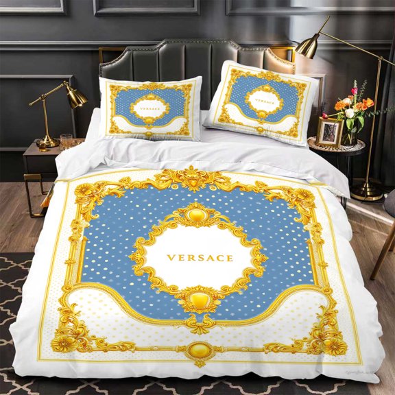 Luxurious 3-Piece Duvet Cover Set - Blue & Gold Ornate Pattern with Central Design Elegant Bedding for Bedrooms