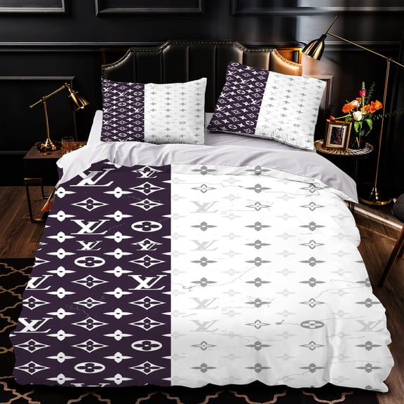 Luxurious 3-Piece Duvet Cover Set - Bold Dark Purple & White Pattern - Elegant Bedding for Bedrooms