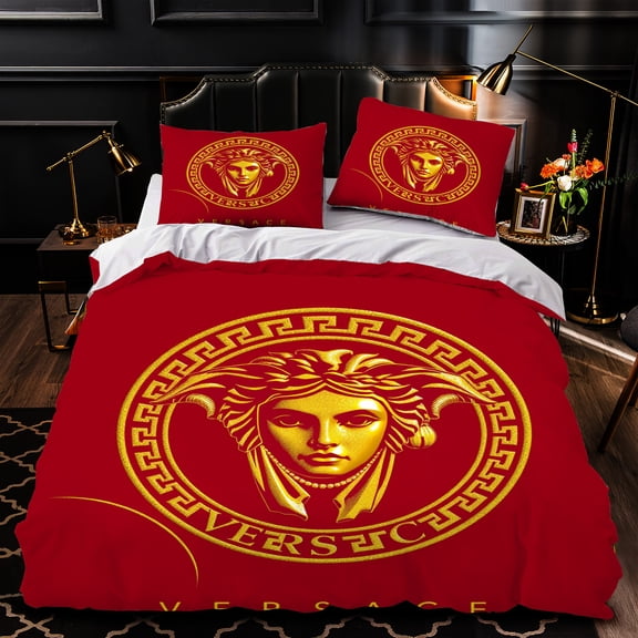 Luxurious 3-Piece Duvet Cover Set - Bold Red with Golden Classical & Greek Key Pattern Elegant Modern Design for Bedrooms
