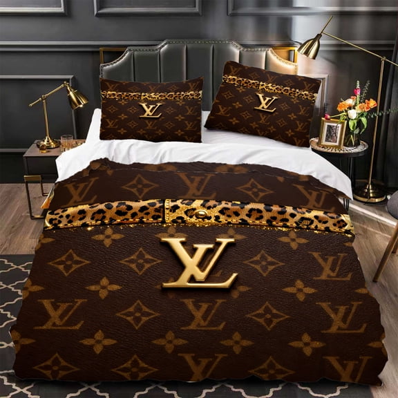 Luxurious 3-Piece Duvet Cover Set Brown & Gold Pattern with Print Accents Chic Bedroom Decor