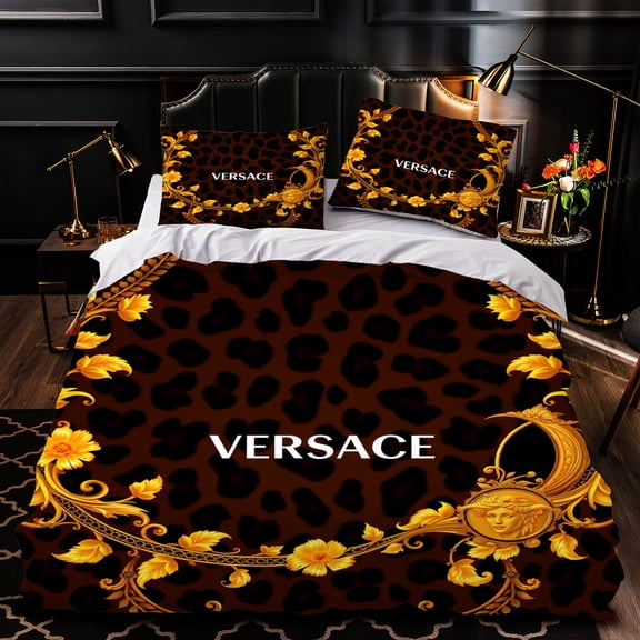 Luxurious 3-Piece Duvet Cover Set - Dark Brown Print with Golden Floral Patterns