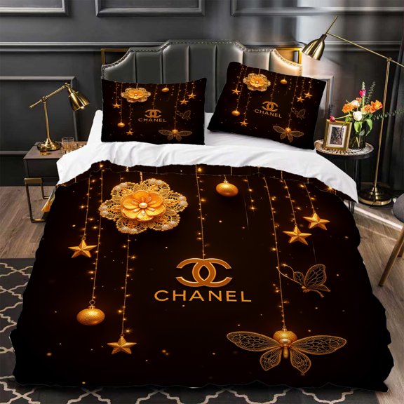 Luxurious 3-Piece Duvet Cover Set - Dark Floral & Butterfly Pattern with Gold Design Elegant Gray Upholstered Headboard Style