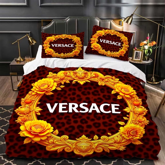 Luxurious 3-Piece Duvet Cover Set - Dark Red & Gold Floral Pattern Elegant Design for Bedrooms