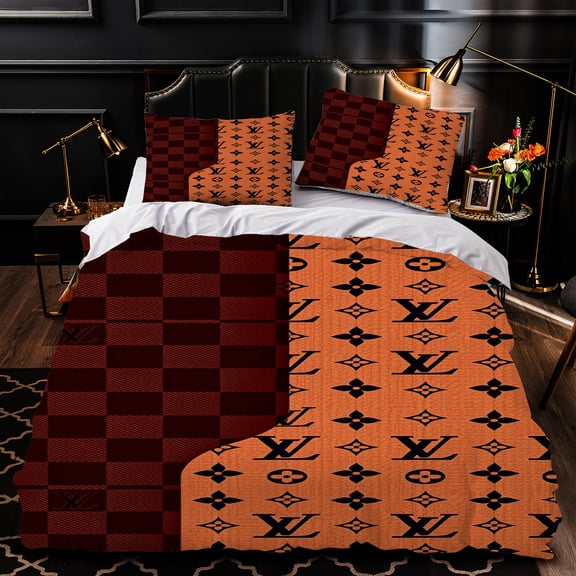 Luxurious 3-Piece Duvet Cover Set - Dark Red & Orange Interlocking Shapes & Floral Motifs Elegant Bedroom Decor