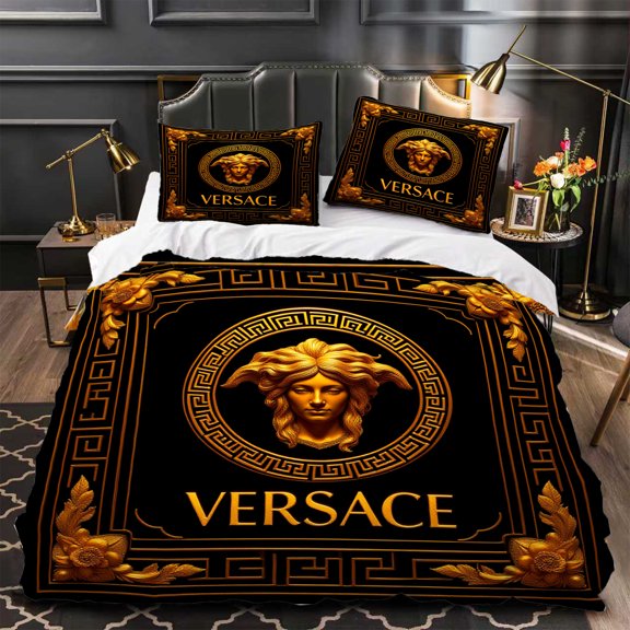 Luxurious 3-Piece Duvet Cover Set & Greek Key Pattern Black & Gold Design Modern Elegance for Your Bedroom