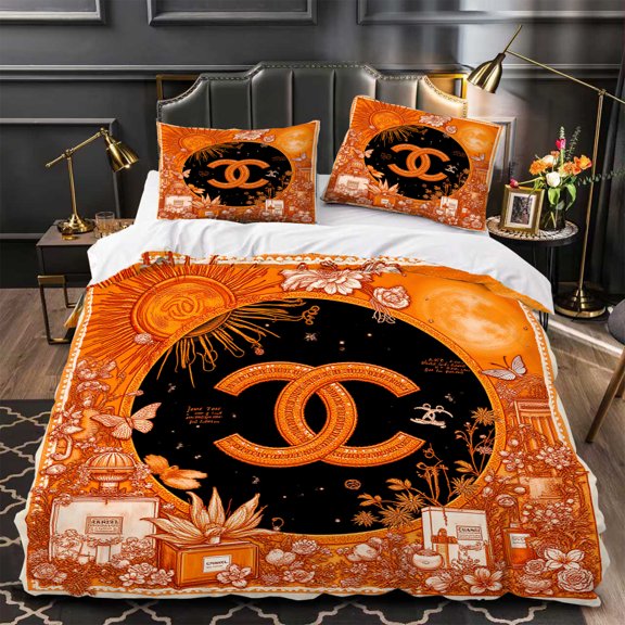 Luxurious 3-Piece Duvet Cover Set - Orange & Black Floral Celestial Patterns - Elegant Bedding for Artistic Bedrooms