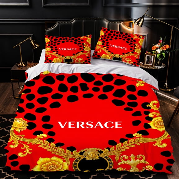 Luxurious 3-Piece Duvet Cover Set - Red & Black Patterned Design with Matching Pillows - Elegant Bedroom Decor