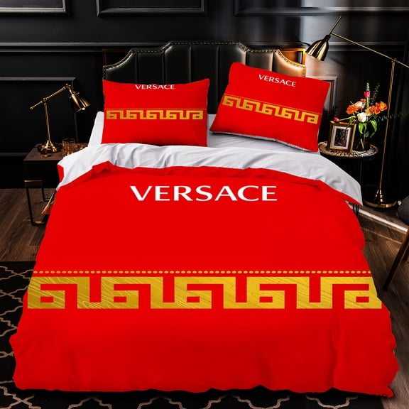 Luxurious 3-Piece Duvet Cover Set - Red Comforter with Gold Greek Key Pattern Matching Pillows Elegant Modern Design