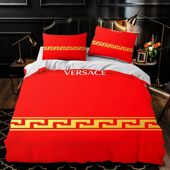 Luxurious 3-Piece Duvet Cover Set - Red Comforter with Gold Greek Key Pattern Matching Pillows Stylish Modern Bedroom Decor