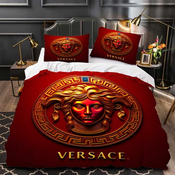 Luxurious 3-Piece Duvet Cover Set - Red & Gold Classical Emblem with Greek Key Pattern Elegant Bedding for Decor
