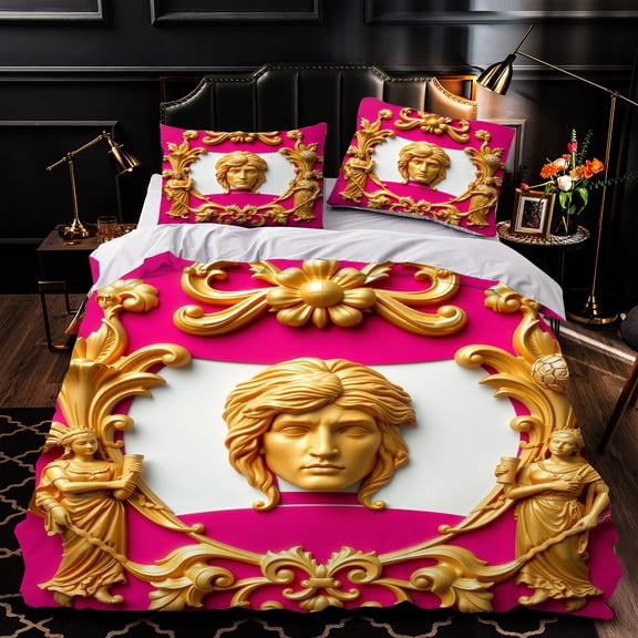 Luxurious 3-Piece Duvet Cover Set in Vibrant Pink & Gold with Intricate Angelic Designs and Ornate Scrollwork - Elegant Bedding for a Glamorous Bedroom