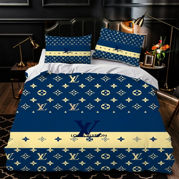 Luxurious 3-Piece Duvet Cover Set in Elegant Blue and Gold Pattern - Stylish Bedding with Matching Pillows for Bedroom Decor