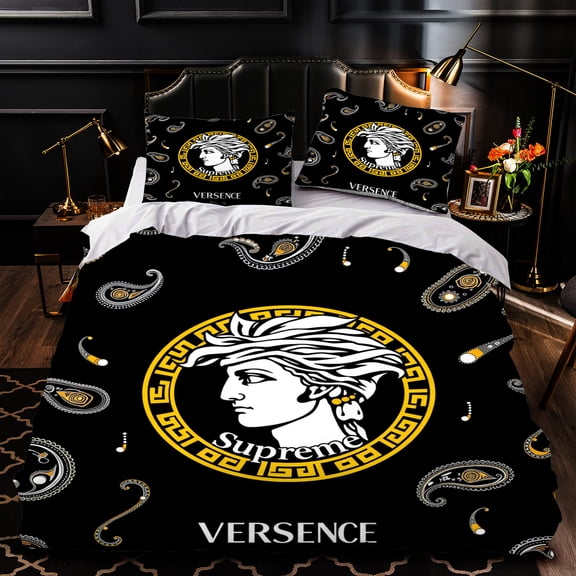 Luxurious 3-Piece Duvet Cover Set with Classical Figure & Greek Key Pattern in Black and Gold