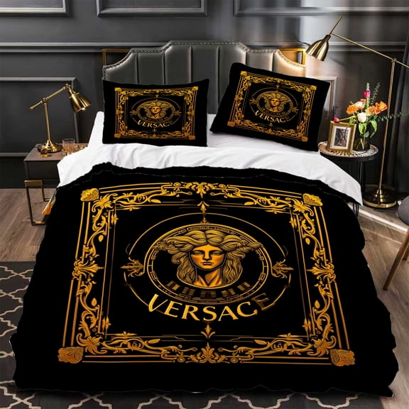 Luxurious 3-Piece Duvet Cover Set with Elegant Black and Gold Design Perfect for a Stylish Bedroom Makeover