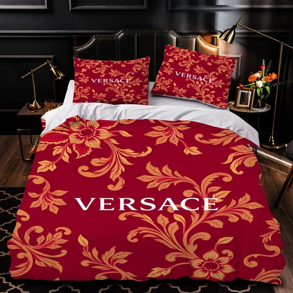 Luxurious 3-Piece Duvet Cover Set with Elegant Red and Gold Floral Pattern - Design for Bedrooms