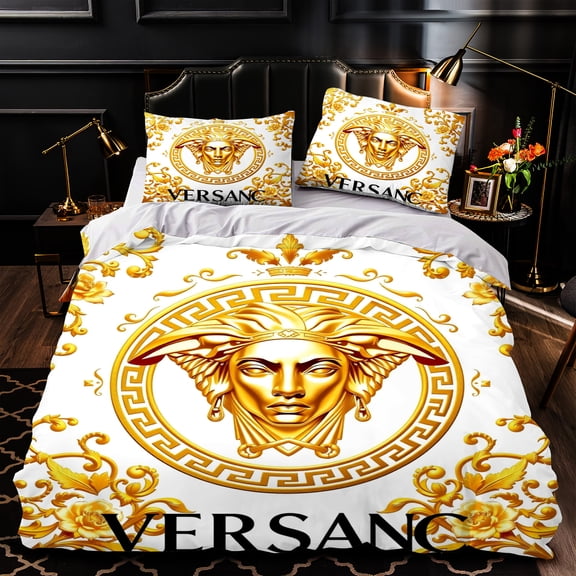 Luxurious 3-Piece Duvet Cover Set with Golden Face Design Floral Patterns & Greek Key Border