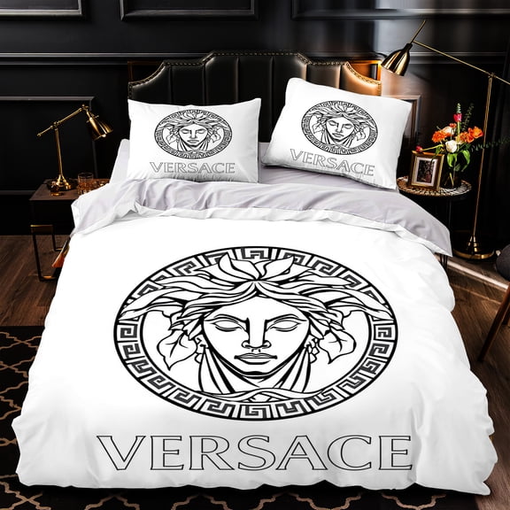 Luxurious 3-Piece Duvet Cover Set with Greek Key Pattern & Stylized Face - Black & White Bedding for Modern Bedrooms