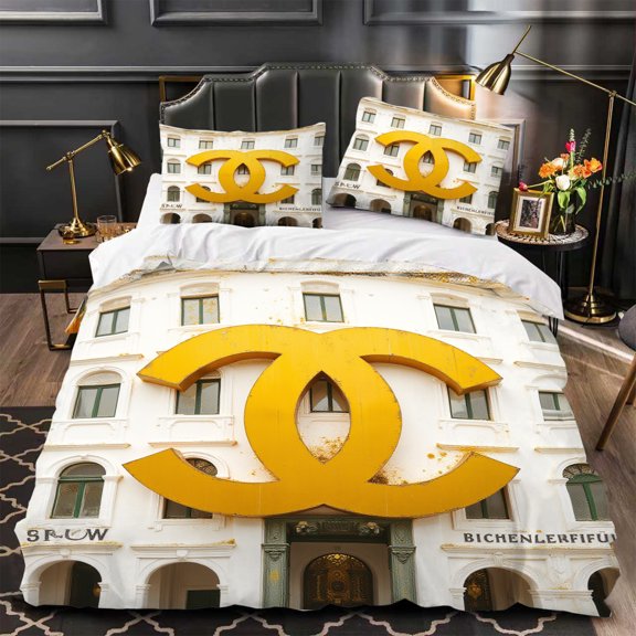 Luxurious 3-Piece Duvet Cover Set with Large Yellow Elegant Modern Design Includes Matching Pillows & Headboard Cover