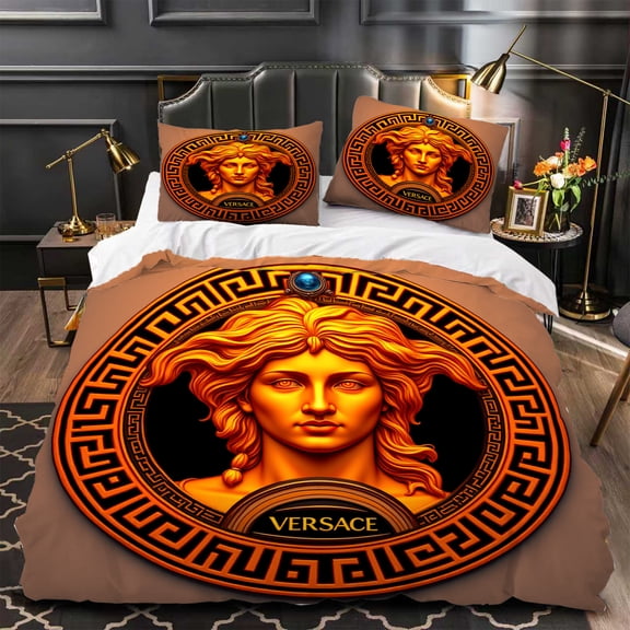 Luxurious 3-Piece Duvet Cover Set with Ornate Circular Pattern & Golden - Orange Center Greek Key Design Elegant Bedroom Decor