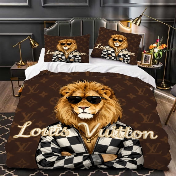 Luxurious 3-Piece Duvet Cover Set with Stylish Lion in Sunglasses & Checkered Jacket Elegant Black & Gold Design Perfect for Bedrooms