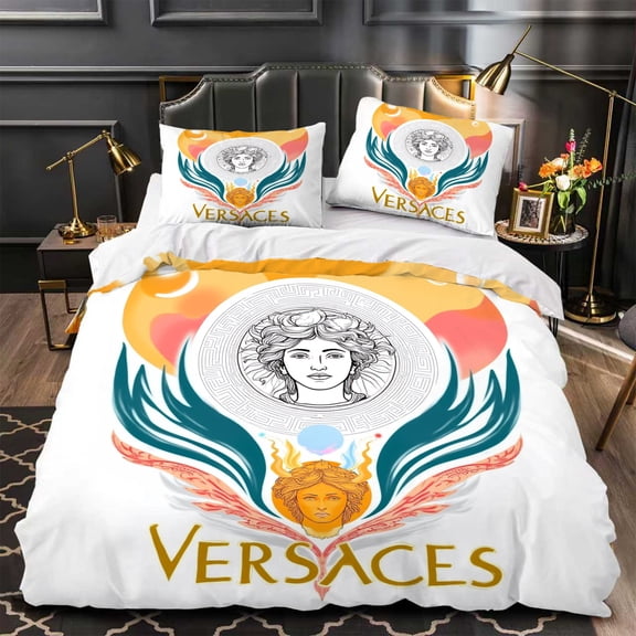 Luxurious 3-Piece Duvet Cover Set with Vibrant Design Featuring Central Portrait and Intricate Wing Patterns