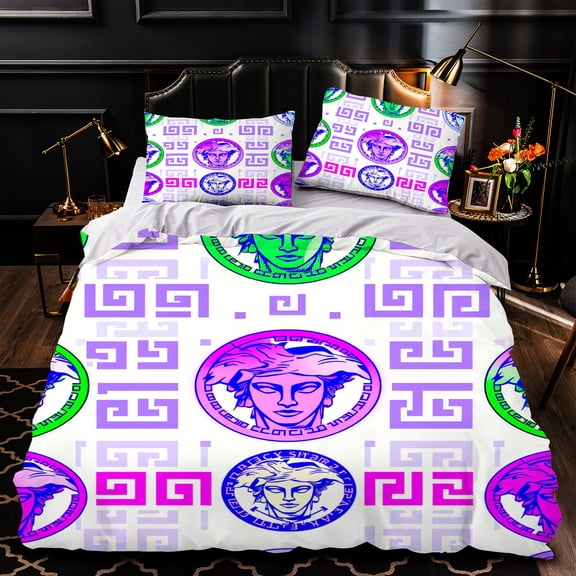 Luxurious 3-Piece Duvet Cover Set with Vibrant Greek Key and Stylized Portrait Pattern - Modern Bedding for Contemporary Bedrooms