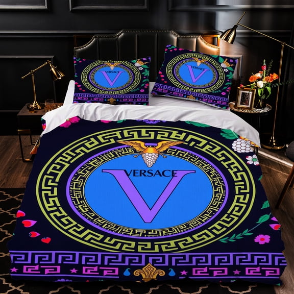 Luxurious 3-Piece Duvet Cover Set with Vibrant ' V ' Greek Key Patterns & Floral Motifs - Elegant Bedding for Stylish Bedrooms