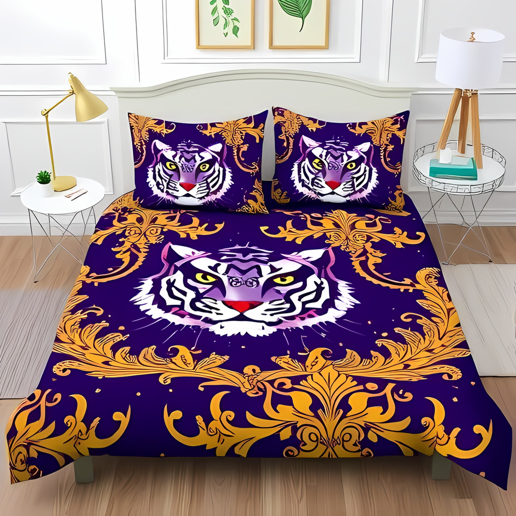Luxurious 3-Piece Purple & Gold Bedding Set - Duvet Cover & Pillowcases with Majestic White Tiger Design
