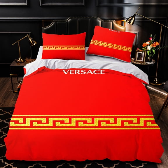 Luxurious 3-Piece Red Duvet Cover Set with Gold Greek Key Pattern - Stylish Bedding for Modern Bedrooms