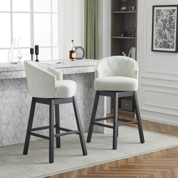 Luxurious 360° Swivel Bar Stool with Tufted Backrest, Rubber Wood Frame, and Plush Cushion, Set of 2, Black+Beige
