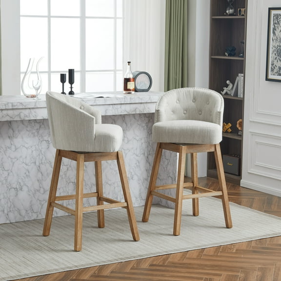 Luxurious 360° Swivel Bar Stool with Tufted Backrest, Rubber Wood Frame, and Plush Cushion, Set of 2, Natural + Beige