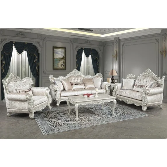 Luxurious 3Pc Traditional Sofa Set, Champagne Fabric Upholstered Living Room Set