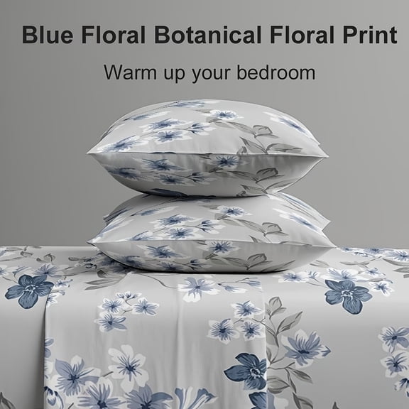 Luxurious 4-Piece Blue Floral Botanical Bed Sheet Set - Soft Microfiber Bedding with Deep Pocket Fitted Sheet, Hotel Quality, Wrinkle & Shrink Resistant, Breathable & Cooling