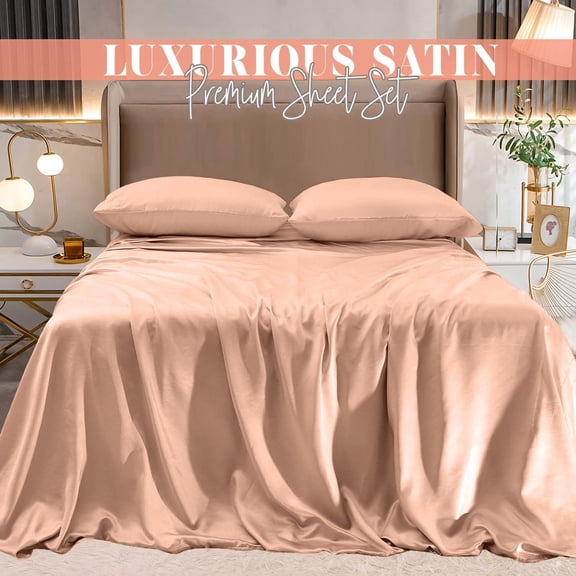 Luxurious 4-Piece Silky Satin Sheet Set, Skin and Hair Friendly, Wrinkle, Fade, Stain Resistant with Deep Pockets Fitted Sheet, Cooling Soft Satin Sheet Set, King, Dusty Rose