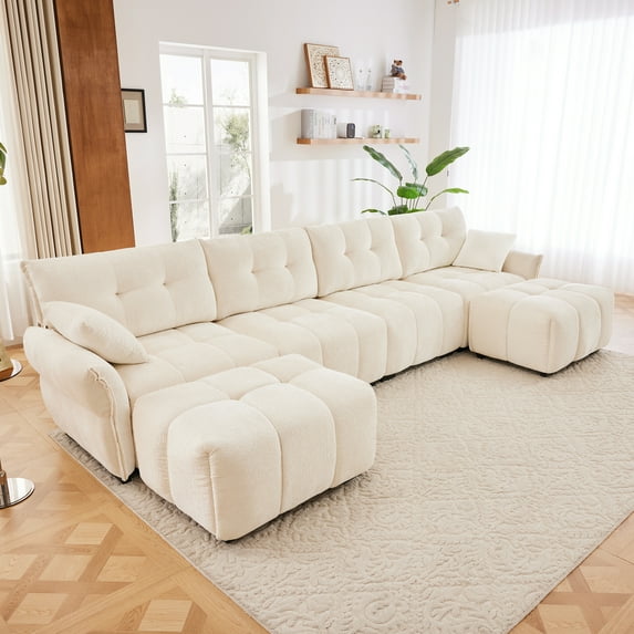Luxurious 4-Seater Chenille Sofa Set in White with Solid Wood Frame & 2 Ottomans - Premium Comfort for Living Room, Home Office, Lounge, Hotel