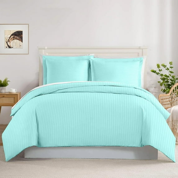 Luxurious 500-TC 100% Egyptian Cotton 3-Pieces Soft Duvet Cover Set ( Zipper Closure & Corner Ties ) ( 1-Duvet Cover & 2-Pillow Shams ) - Alaskan King Size ( 120" x 132" ) Inches, Aqua Blue Stripe