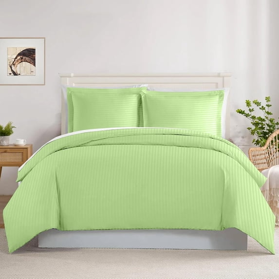 Luxurious 500-TC 100% Egyptian Cotton 3-Pieces Soft Duvet Cover Set ( Zipper Closure & Corner Ties ) ( 1-Duvet Cover & 2-Pillow Shams ) - OverSize Queen Size ( 98" x 98" ) Inches, Sage Stripe