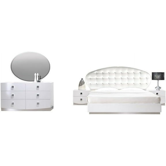 Luxurious 5PC Eastern King Bedroom Set, Platform Bed Nightstand Dresser Mirror and Chest, White Lacquer Finish