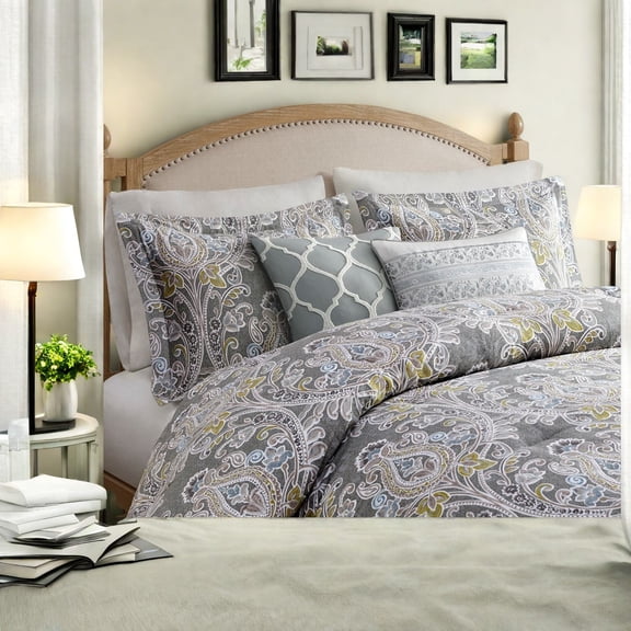 Luxurious 5Piece Cotton Sateen Bedding Set Grey Damask Design Full/Queen Size for Elegant Bedrooms