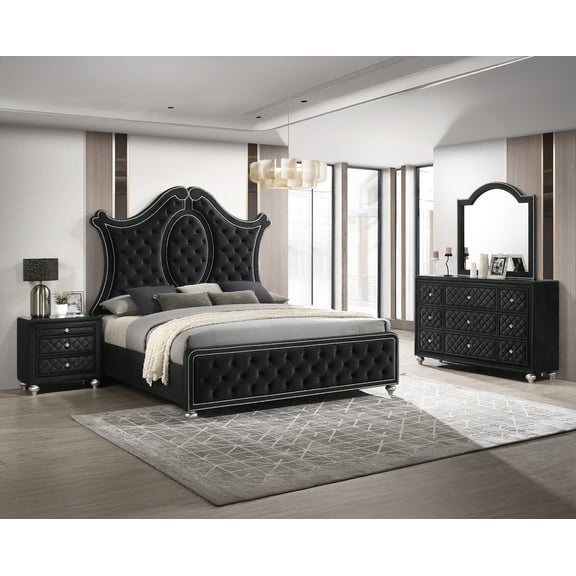 Luxurious 5pc Beautiful Queen Size Panel Bed Set Tufted Headboard Black