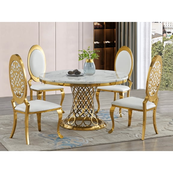 Luxurious 5pc Dining Furniture Set Round Table Chairs White Gold Chrome Faux Marble