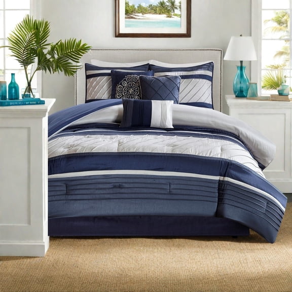 Luxurious 7Piece Navy Polyester Bedding Set Elegant Pintuck Design for All Seasons