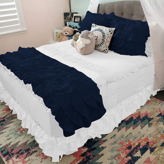 Luxurious 800 Thread Count 100% Egyptian Cotton Ruffle Bed Runner 1 Piece Egyptian Cotton Soft Fade-Resistant Easy Care Decorative Bed Scarf Solid Navy