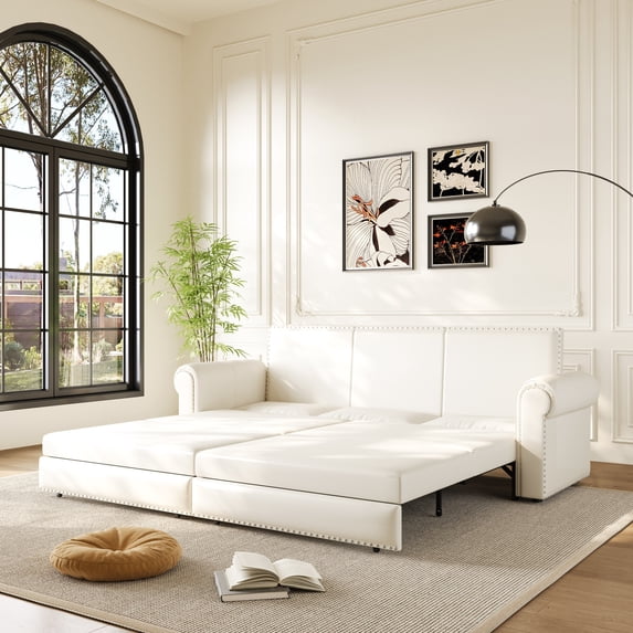 Luxurious 94" King Pull Out Sofa Bed, 3-in-1 Faux Leather Convertible Sleeper Sofa with Nailhead Trim & Deep Seat for Living Room, Apartment, White