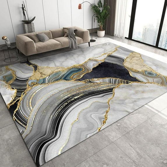 Luxurious Abstract Marble Area Rugs, Gold-Plated Embossed Pattern with Black Curved Lines Carpet Mat, Washable Rug Easy Cleaning with Backing Apply to Balcony Dorm Room 3x5ft