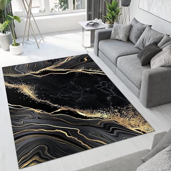 Luxurious Agate Black Gold Marble Area Rugs, Light Luxury Geometric Gilded Line Texture Art Washable Indoor Rug, With Anti-Slip Easy Clean Carpet For Living Room Kitchen Room Home 1x2ft